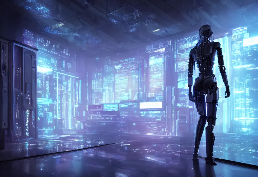 Image similar to shot of film by cyberpunk and syntwave syle, human like a cyborg, character design, full body in data center, extreamly detailed data center, symmetry, realistic, cinematic, awesome composition, color balance, professional lighting diffracted lightray, trending on artstation, volumetric lighting, octane render, awesome art, concept art