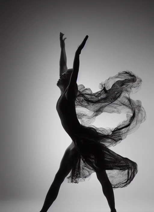 Image similar to a Photorealistic dramatic hyperrealistic render of a beautiful Female smoke dancer by Ken Brower and Deborah Ory of NYC Dance project,Lois Greenfield,Flowing cloth and smoke,Beautiful dynamic dramatic dark moody lighting,volumetric,shadows,cinematic atmosphere,Octane render,8K