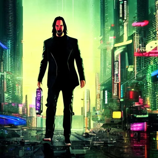 Image similar to high quality photo of Keanu Reeves in a cyberpunk cyberpunk cyberpunk city, realism, 8k, award winning photo