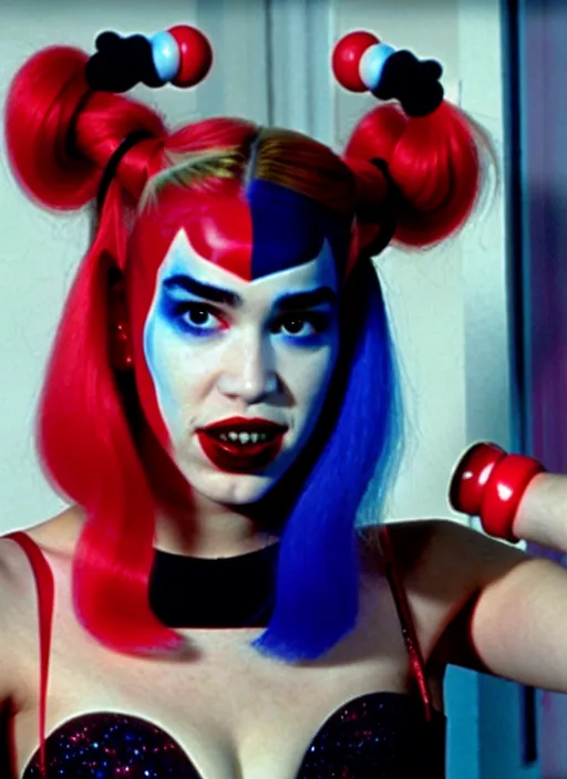 Image similar to a film still of dua lipa as harley quinn from a year nineteen - seventy - two italian giallo film about furbys.