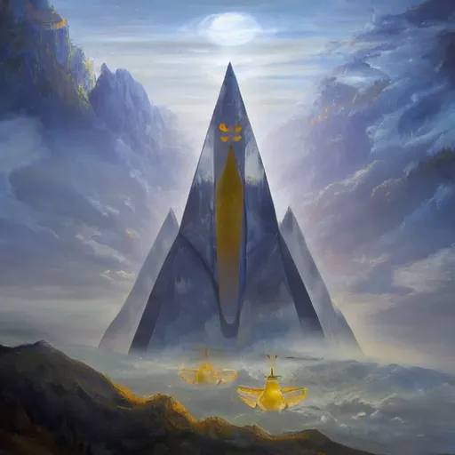 Prompt: a beautiful painting about a futuristic spaceship landing in a misty Asian rainforest, surrounded by mountains and clouds. Featured on Artstation. tall bright numerical village pyramid osprey citrus archangel, by Valentine Hugo and Robert Henri and Banks