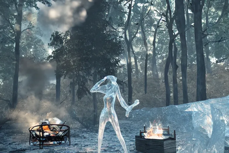 Image similar to a beautiful woman made out of crystal ice sitting by a campfire and slowly melting, by iris van herpen, unreal engine 5, volumetric lighting, path tracing, outdoor campfire pit