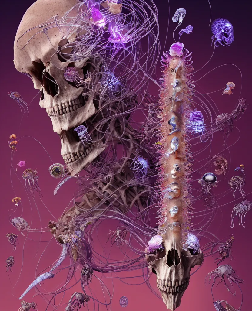 Image similar to goddess close-up portrait ram skull, thorax, x-ray, backbone, jellyfish phoenix head, nautilus, orchid, skull, betta fish, bioluminiscent creatures, intricate artwork by Tooth Wu and wlop and beeple. octane render, trending on artstation, greg rutkowski very coherent symmetrical artwork. cinematic, hyper realism, high detail, octane render, 8k