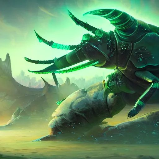 Prompt: a giant glowing rhino beetle, horned beetle, horned beetle, green theme, bright art masterpiece artstation. 8 k, sharp high quality artwork in style of jose daniel cabrera pena and greg rutkowski, concept art by tooth wu, blizzard warcraft artwork, hearthstone card game artwork, horned beetle