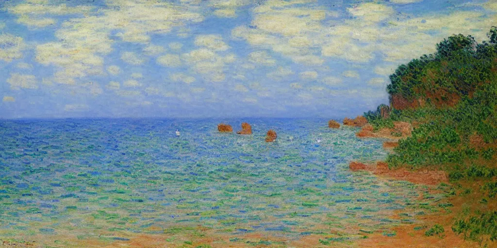 Prompt: a beautiful mexican coast, painted by claude monet