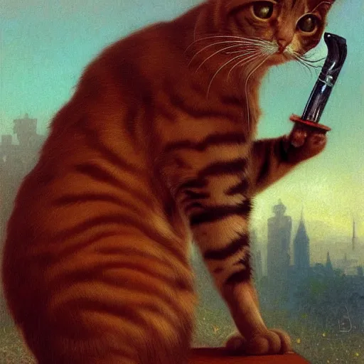 Prompt: realistic painting of a cat smoking a joint, post - war scenery, red - toned mist, epic environment, skeletons, ultra wide angle, 8 k, ultra _ realistic, art by bouguereau and gerald brom