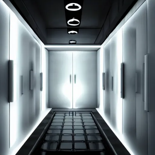 Image similar to futuristic torture room, white, scary, horror,