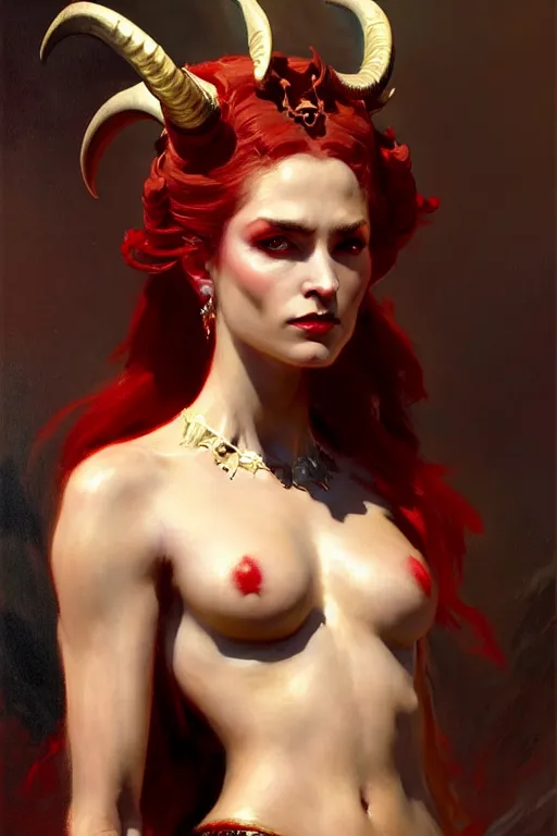 Image similar to painted close - up portrait of a very attractive red - skinned intimidating demon queen with ram horns! oil painting, wearing a noblewoman's outfit, fantasy art by john singer sargent and gaston bussiere and james jean and greg rutkowski, demon noble character design, hd