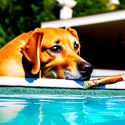 Image similar to a very detailed photo of a dog smoking a cigar outside the mansion by the pool