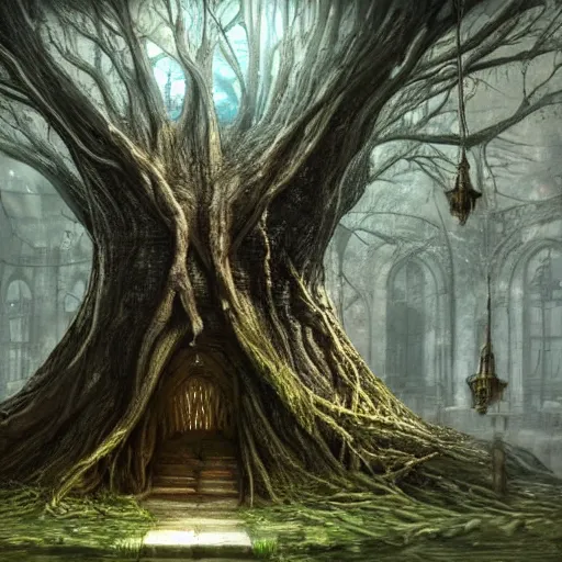 Prompt: a magic portal is embedded in a giant tree growing in the middle of an ancient Victorian library indoors. darksouls concept art. photo-realistic