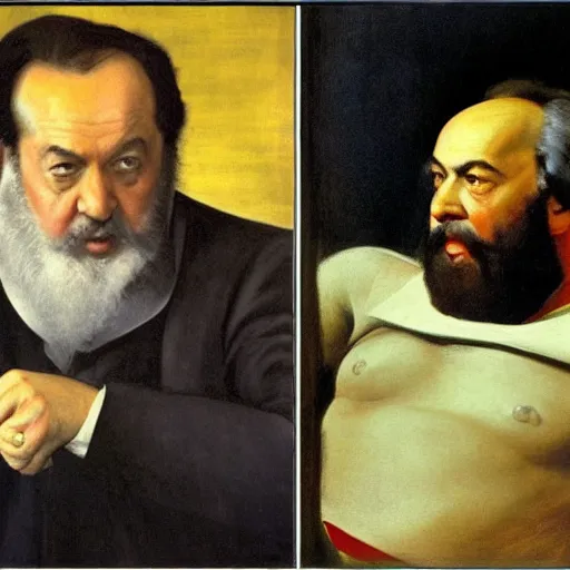 Image similar to silvio berlusconi talking with karl marx, film still by edward hopper, by Pontormo, by klimt, art noveau, highly detailed, strong lights, liminal, eerie, Bright pastel colors