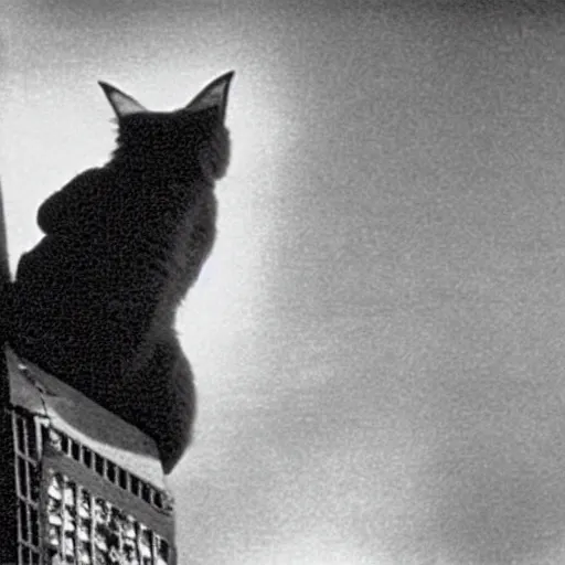 Image similar to A still of a cat climbing the Empire State Building in King Kong (1933)