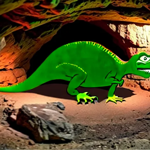 Image similar to dinosaur pepe in a cave