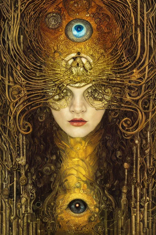 Image similar to The Dreaming Cell by Karol Bak, Jean Deville, Gustav Klimt, and Vincent Van Gogh, mystic eye, otherworldly, prison, elaborate wrought iron bars, chains, locks, fractal structures, arcane, inferno, inscribed runes, infernal relics, ornate gilded medieval icon, third eye, spirals