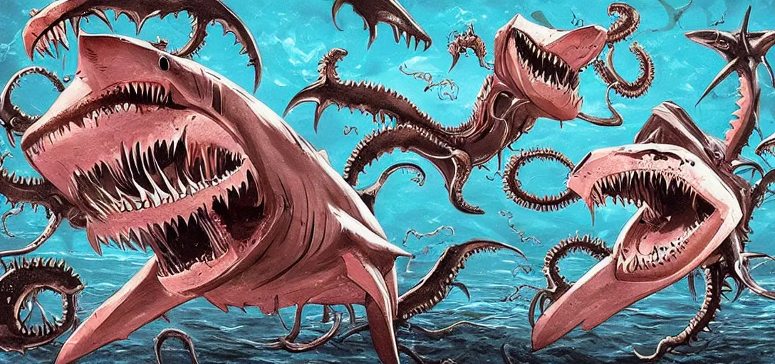 Image similar to concept art of shark attack, lovecraftian, lots of teeth, melting horror, fighting the horrors of the unknown with laser guns