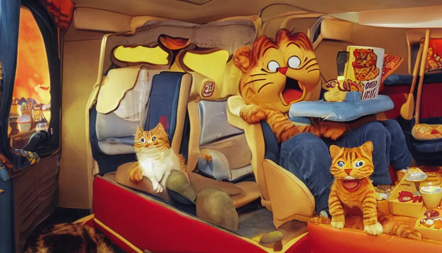 Image similar to 1990s photo of inside the Garfield's Wild Dream ride at Universal Studios in Orlando, Florida, riding a box with a blanket, with Garfield the cartoon cat, through a living room filled lasagna, coffee cups, and lava lamps, cinematic, UHD