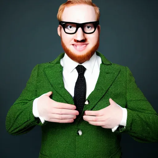 Prompt: paymoneywubby wearing green - screen suit with black glasses, big head, tiny eyes, professional portrait photography