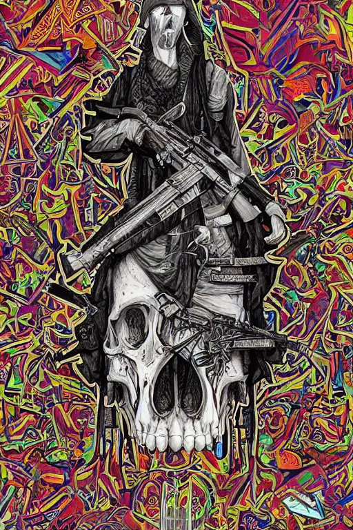 Image similar to taliban anarchy. symmetrical anatomy, very detailed design, complexity of the picture, with pop punk art style, colorful, accompanied by body, pure image without duplication, dribble popular, trending on arstation, drawn by ilya kuvshinov and darbotz and vinicius gud and gustavo zambelli, intricate, ultra high definition, super scale rendered.