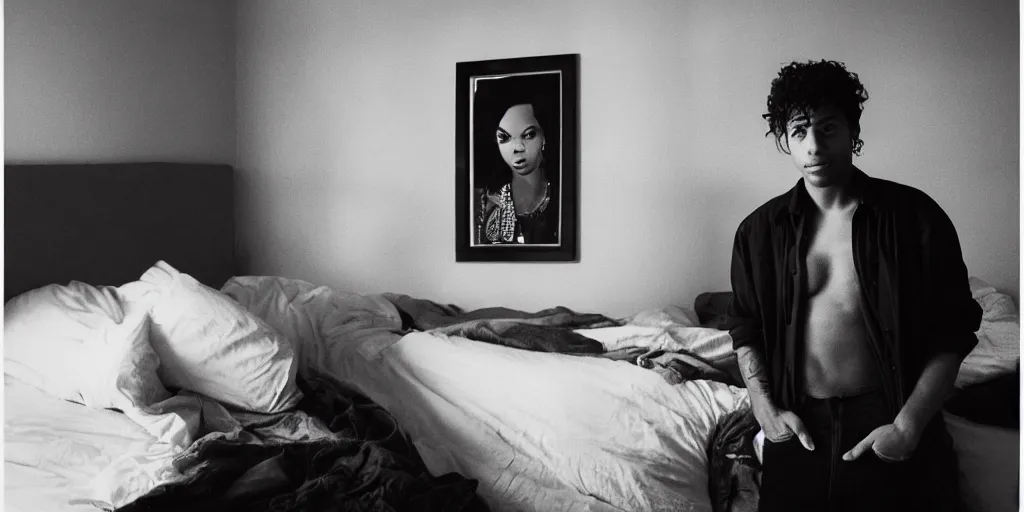 Image similar to a black and whirte portrait of a handsome guy posing in an east village bedroom, morning light, natural, long, brown curly hair, by larry clark award winning photograph