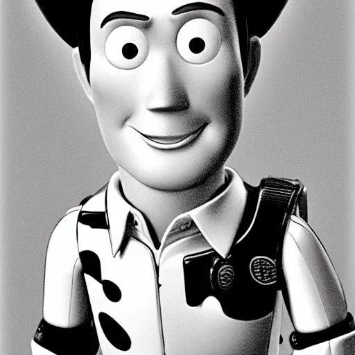 Prompt: Black and white mugshot photograph of Woody, from Toy Story, realistic, grainy, slightly blurry