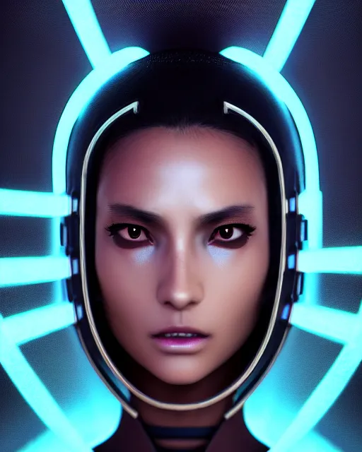 Image similar to portrait of cyber punk samurai, female, prismatic highlights, super model, brown skin, blue eyes, telephoto, beautiful, depth of field, cinematic, macro, concept art, 50mm, art station, wepa digital, digital painting, elegant, epic, focus, octane render, v-ray, 8k, C4D, art by Karol Bak