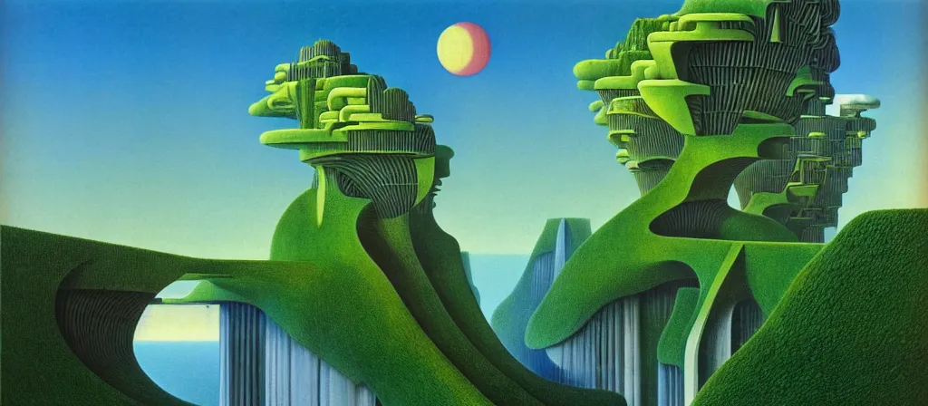 Image similar to huge gargantuan angular building by escher and ricardo bofill. utopian landscape by roger dean. magical realism, surrealism, waterfalls, clouds, trending on artstation, shot from below, epic scale