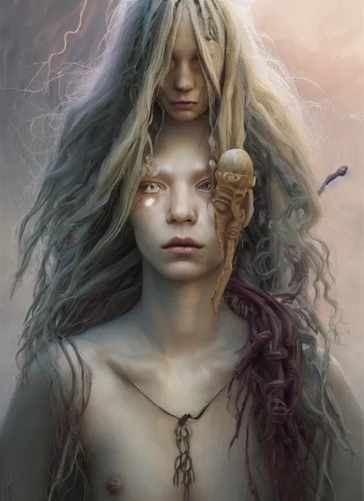 Image similar to fantasy changeling girl with blonde dreadlocks revealing her true nature, staring eyes, dim light, front game card, marvel comics, dark, intricate, highly detailed, smooth, smirking, artstation, digital illustration by ruan jia and mandy jurgens and artgerm and wayne barlowe and greg rutkowski and zdislav beksinski