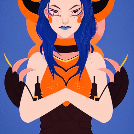 Image similar to illustrated portrait of ram-horned devil woman with blue bob hairstyle and her tangerine colored skin and with solid black eyes wearing leather by rossdraws