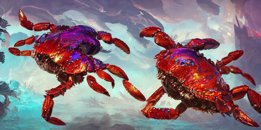 Image similar to Iridescent crab seamonster, character design sheet, Monster Hunter Illustrations art book, diamond sharp claws, huge arms, iridescent shards on its back, Moebius, Greg Rutkowski, Zabrocki, Karlkka, Jayison Devadas, Phuoc Quan, trending on Artstation, 8K, ultra wide angle, zenith view, pincushion lens effect.