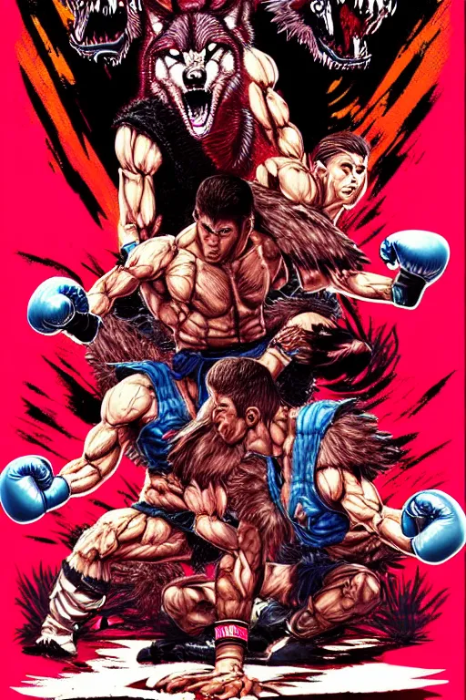 Image similar to extreme long shot. 8 bit nes graphics. antropomorphic muscular masculine wolf. kickboxer fighter, in shorts. wolf head. fine details, very sharp, art from nes game cartridge, 8 0's, vhs artefacts, vaporwave style, marc simonetti and hermann nitsch. kung fury movie