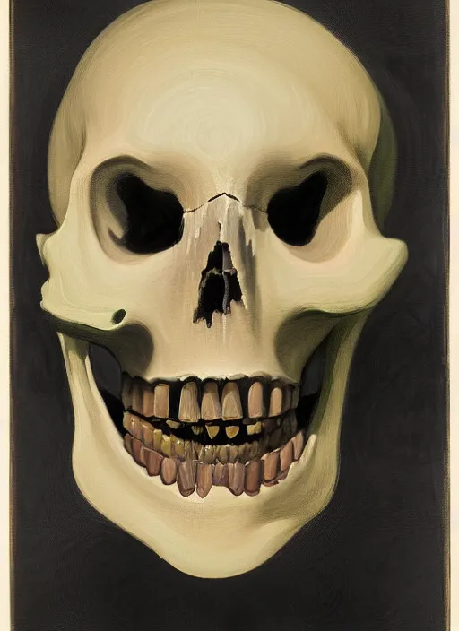 Image similar to portrait of a woman with half face skull, metal teeth upsidedown by Edward Hopper and James Gilleard, highly detailed