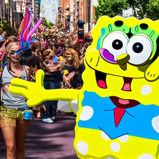 Prompt: spongebob in a pride parade caught on iPhone camera