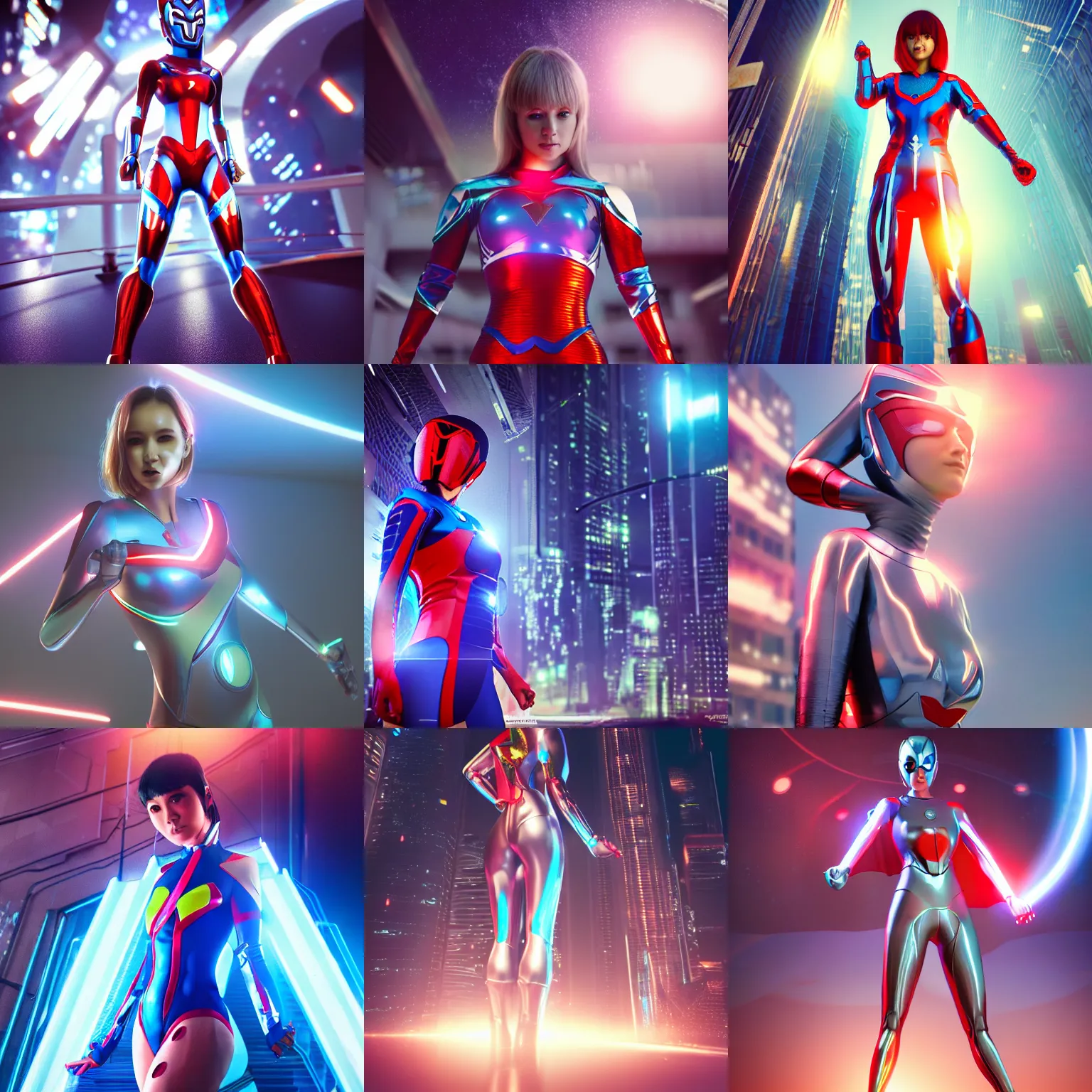 Prompt: superhero girl wearing ultraman suit, posing in neo - tokyo futuristic, glowing light, chrome, cinematic post process, ultra realistic, hyper detailed, octane render, photograph, bokeh