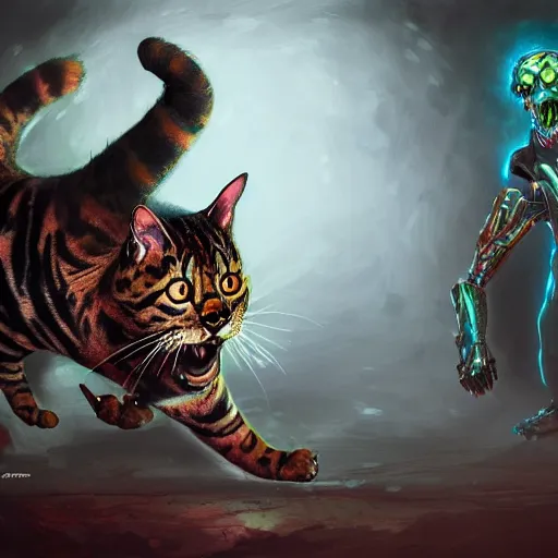 Prompt: a bengal cat with RGB LED body armor fighting a wraith inside a haunted house, dark fantasy, horror, highly detailed, digital painting, concept art, illustration, trending on artstation. deviantart