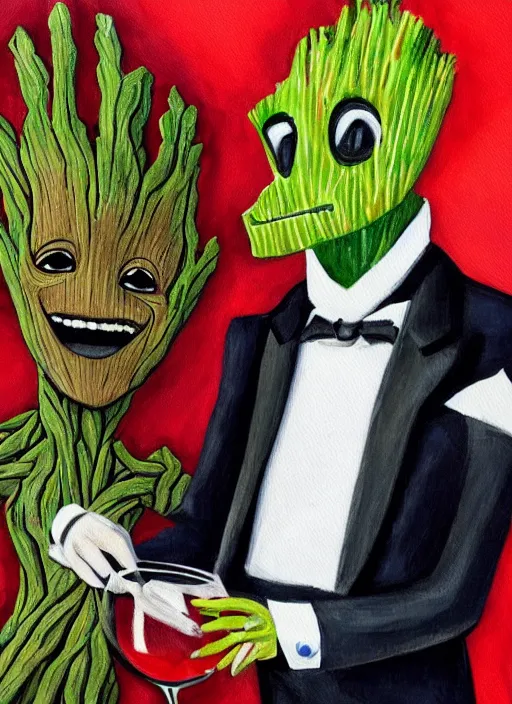 Image similar to painting of the groot as a gentleman wearing tuxedo drinking wine, vivid colors, masterpiece, artwork