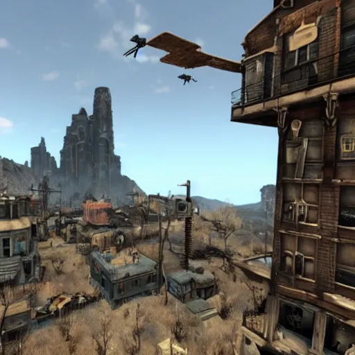 Image similar to a vertibird from Fallout flying over a steampunk village