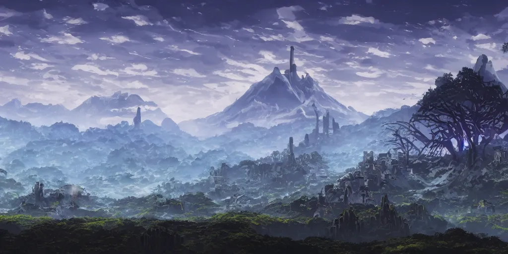 Image similar to landscape, medieval, claymore anime background, world destroyer from claymore manga towering in the sky, a forest in the foreground, mountains in the background, concept art, colour, illustration, smooth, sharp focus, tilted angle, intricate, trending on artstation, trending on deviantart, 4 k