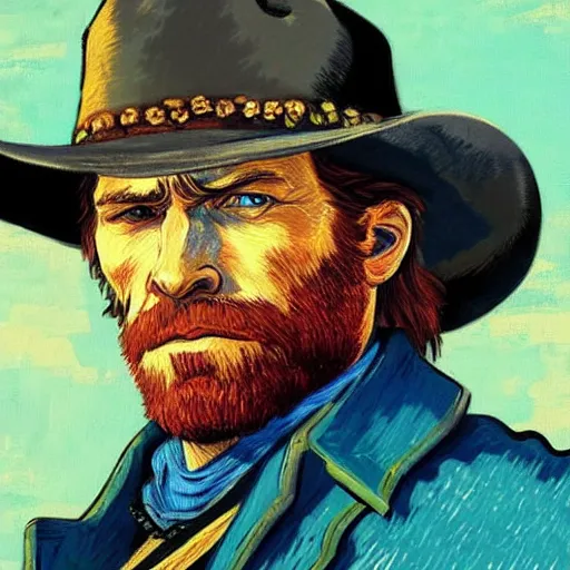 Image similar to Arthur Morgan (from Red Dead Redemption 2) in the style of Vincent Van Gogh, masterpiece digital painting, 4k wallpaper, intricate detail, beautiful, gorgeous, stunning, artstation