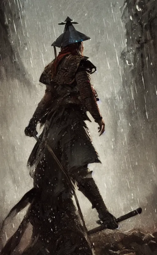 Prompt: samurai in rain, arcane, by fortiche, by greg rutkowski, esuthio, craig mullins, wlop