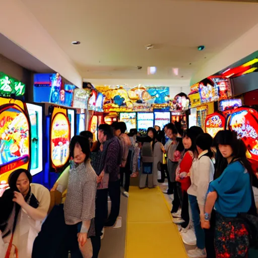 Image similar to a bunch of people at a japanese arcade