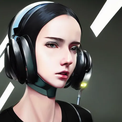 Prompt: a humanoid robot woman with headphones on, cyberpunk art by Ilya Kuvshinov, trending on cgsociety, computer art, ilya kuvshinov, artstation hd, artstation hq
