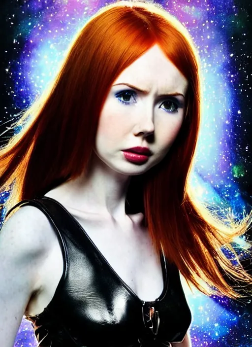 Image similar to beautiful 20 year old Karen Gillan as the goddess of black leather. ultra detailed painting at 16K resolution and amazingly epic visuals. epically beautiful image. amazing effect, image looks gorgeously crisp as far as it's visual fidelity goes, absolutely outstanding. vivid clarity. ultra. iridescent. mind-breaking. mega-beautiful pencil shadowing. beautiful face. Ultra High Definition. godly shading. amazingly crisp sharpness. photorealistic film cel processed twice..