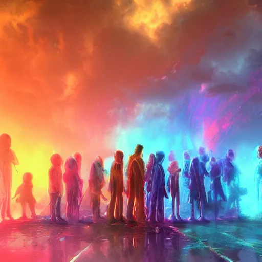 Prompt: [ palate ] [ vibrant colors ] lost alien souls congregating and waiting in line at a giant iron gate, vibrant neon nebulous clouds, radiant light rays, photorealistic illustration, intricate and fine details, volumetric lighting, artstation, god figure at the gate - w 1 0 2 4