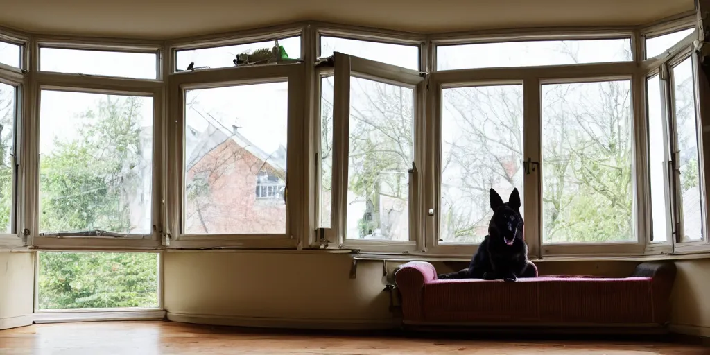 Prompt: wide - angle photo from 2 0 feet distance. a german shepherd puppy sits on the sofa near a bay window in a cozy kitchen. the puppy is patiently waiting while looking outside on a warm sunny day. muted colors, dark outlines, bill watterson