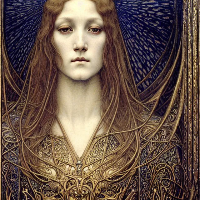 Image similar to detailed realistic beautiful young medieval queen face portrait by jean delville, gustave dore and marco mazzoni, art nouveau, symbolist, visionary, gothic, pre - raphaelite. horizontal symmetry