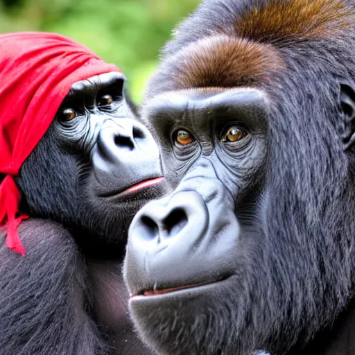 Prompt: photo of a gorilla wearing a red bandana