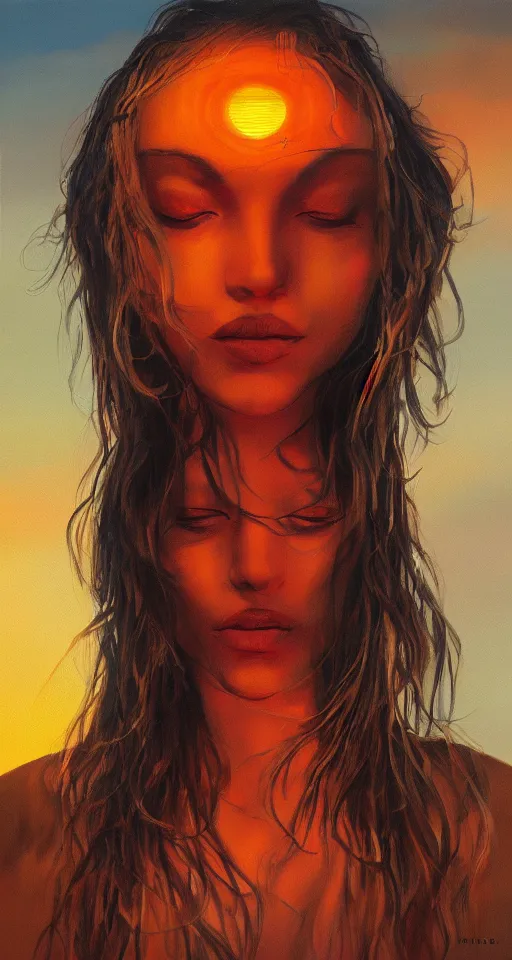 Prompt: the woman is like the setting sun, artstation, album cover, digital oil on canvas