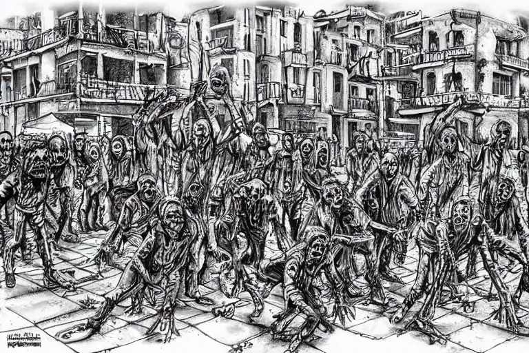 Prompt: zombies in the street of tel aviv. pen drawing. realistic. colorful. highly detailed