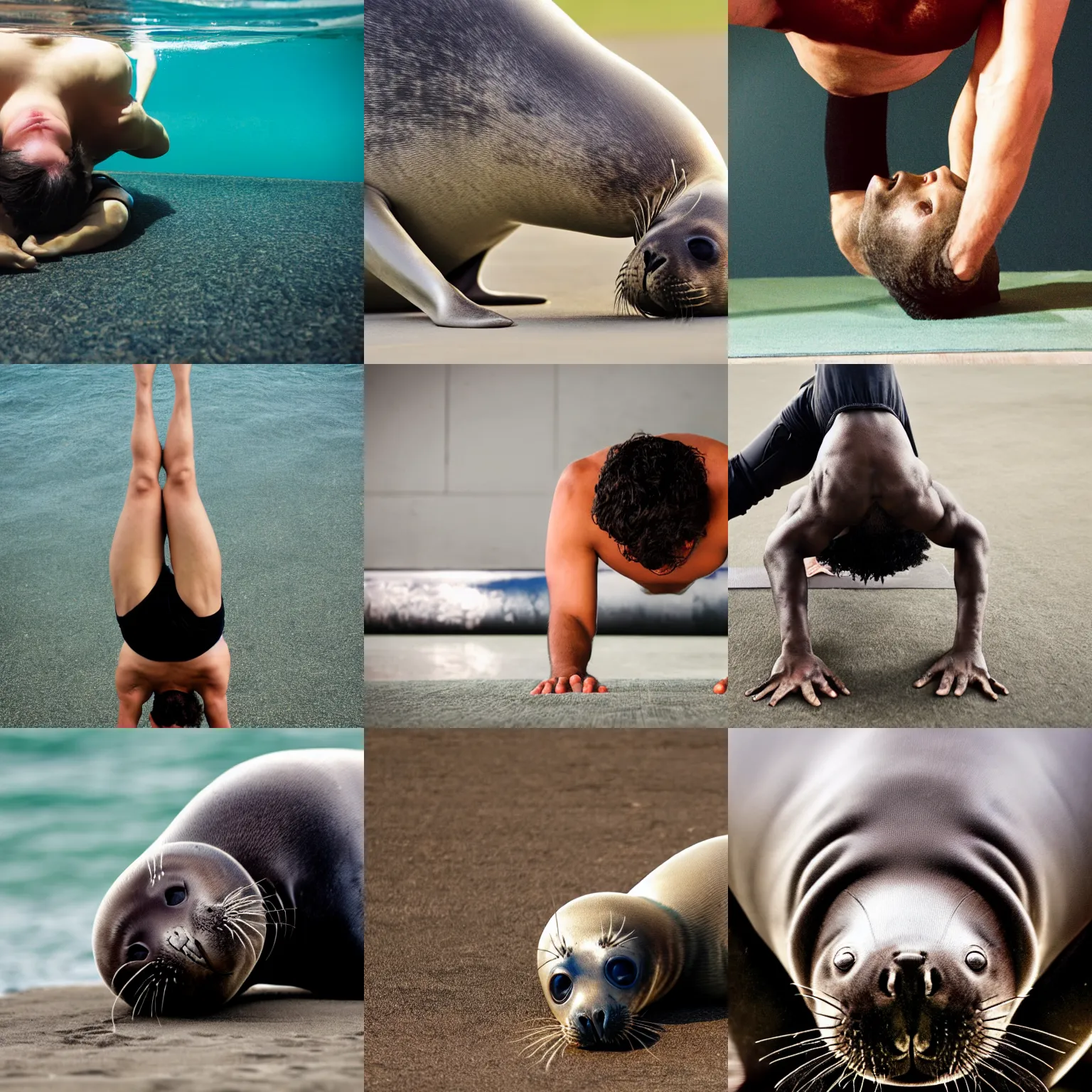 Prompt: a photograph close up of seal headstand