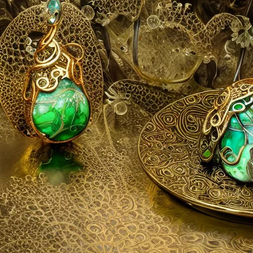 Prompt: jewellery with filigree faberge orchid betta whiplash forest liquid lightshow twisted organic natural forms designed by kilian eng and william morris, gold and jade, studio photography beautiful set up